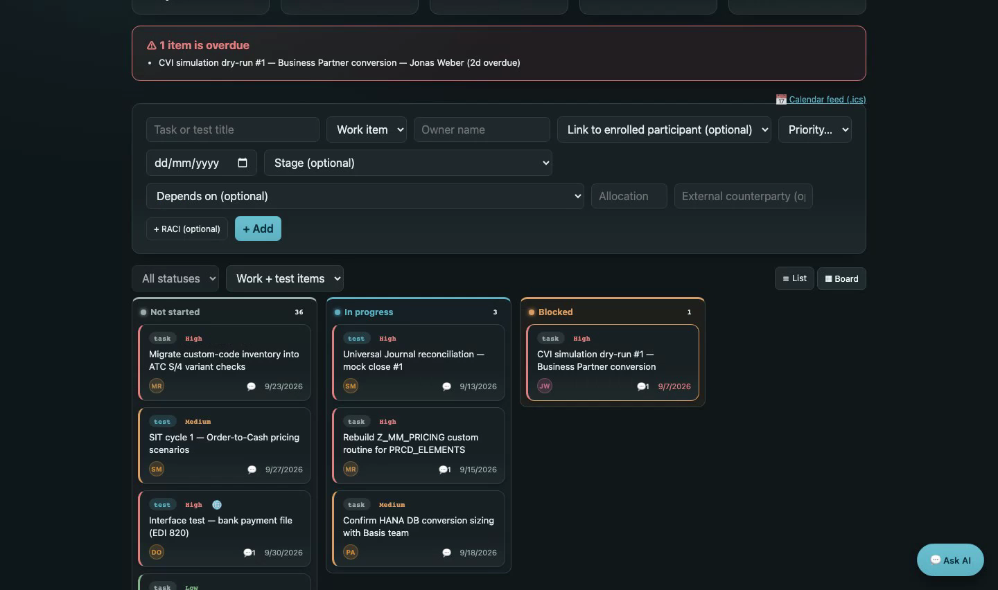 Orchestra — Work & Test Plan Kanban board