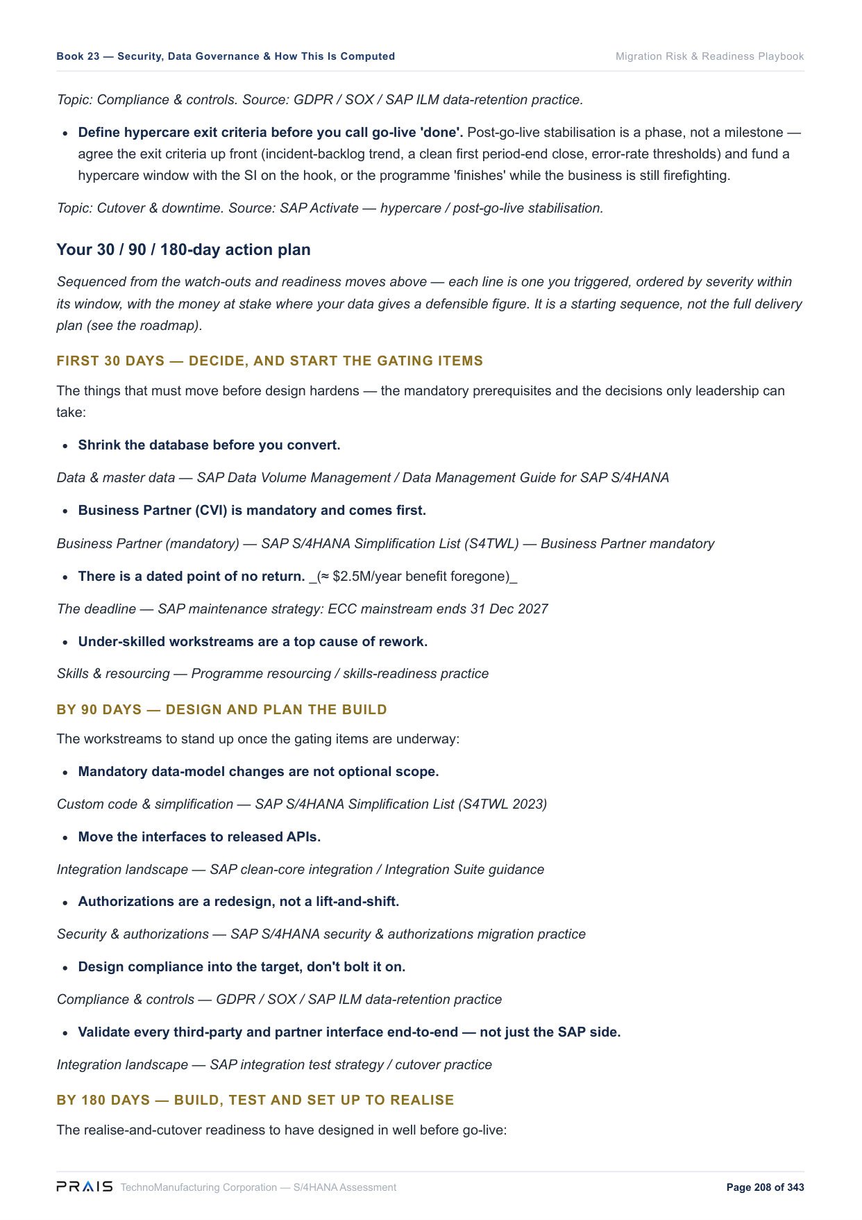 PRAIS report — Migration Risk & Readiness Playbook: ranked, cited watch-outs and a 30/90/180-day action plan