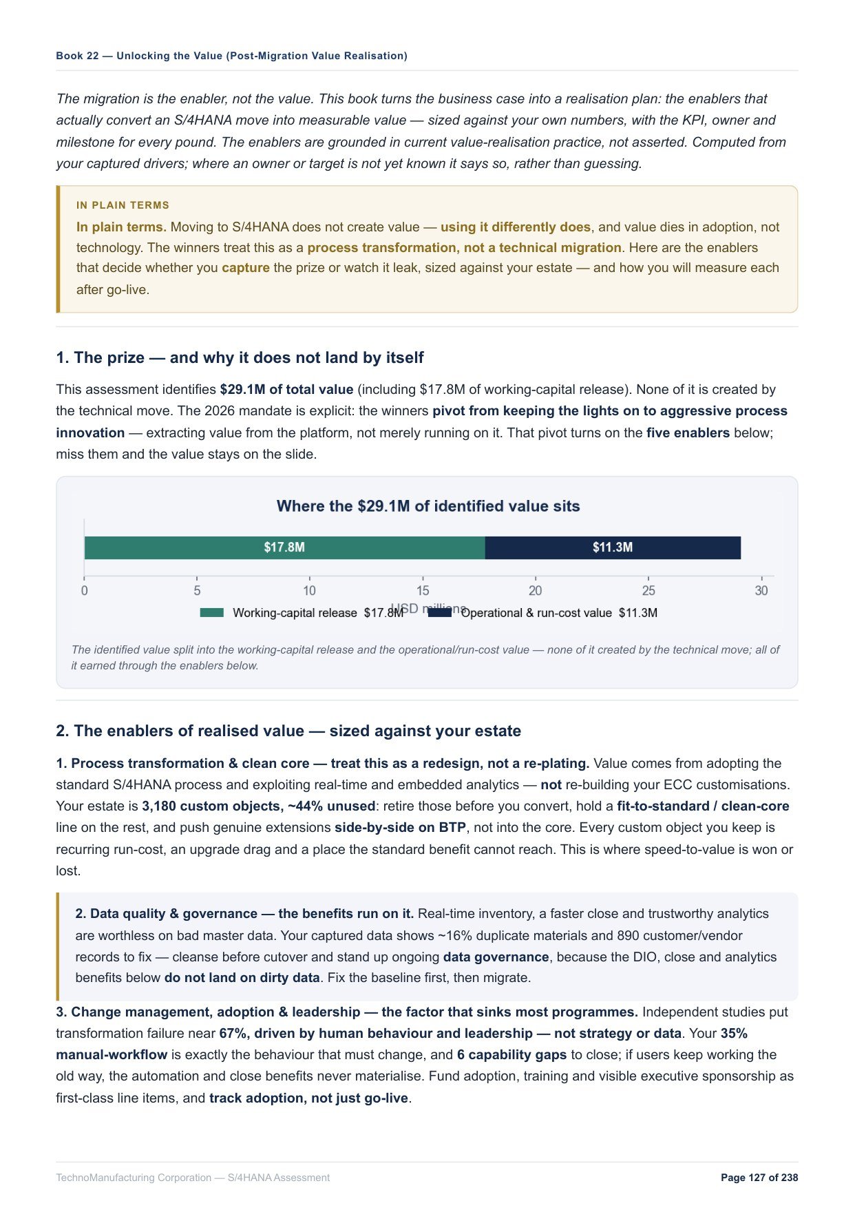 PRAIS report — post-migration value realisation, enablers and value map sized against the estate